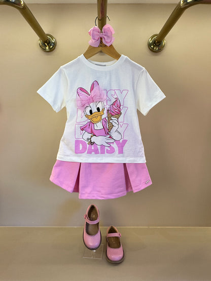 Conjunto Infantil Blusa Daisy Duck Com Laço e Shorts Saia Com Cós de Elástico - Momi