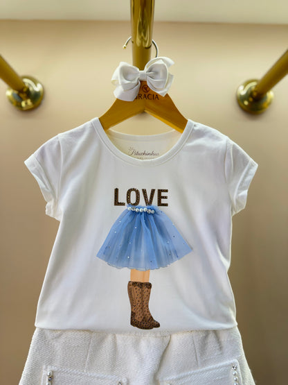 Conjunto Infantil Blusa Cotton Menina Love Off White e Saia-Shorts Bouclé Pérolas - Pituchinhus