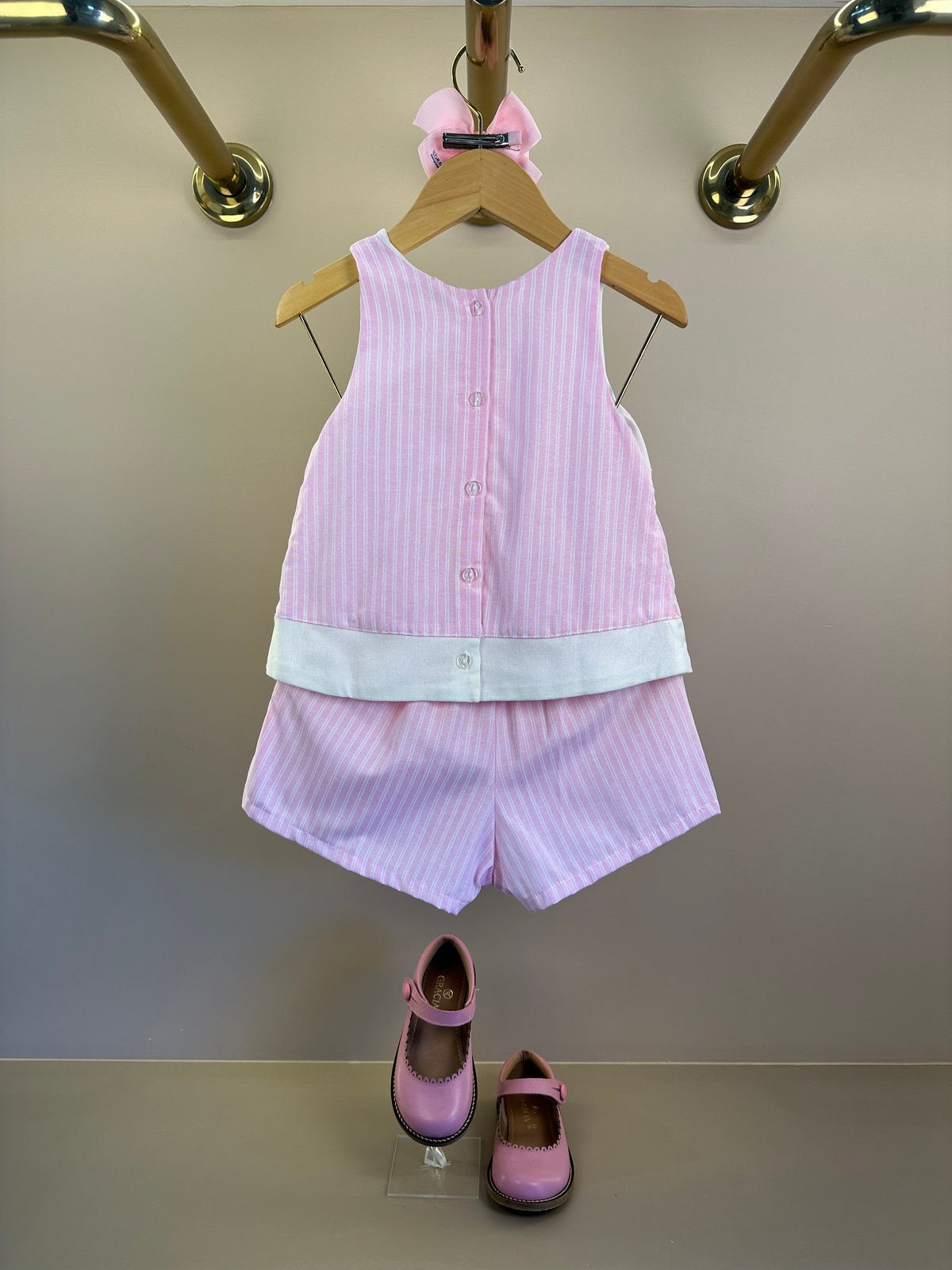 Conjunto Infantil Blusa Laço Pérolas e Shorts Saia Rosa Listrado - Petit Cherie