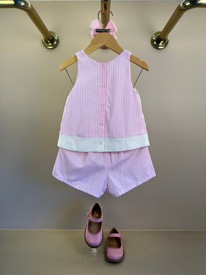 Conjunto Infantil Blusa Laço Pérolas e Shorts Saia Rosa Listrado - Petit Cherie
