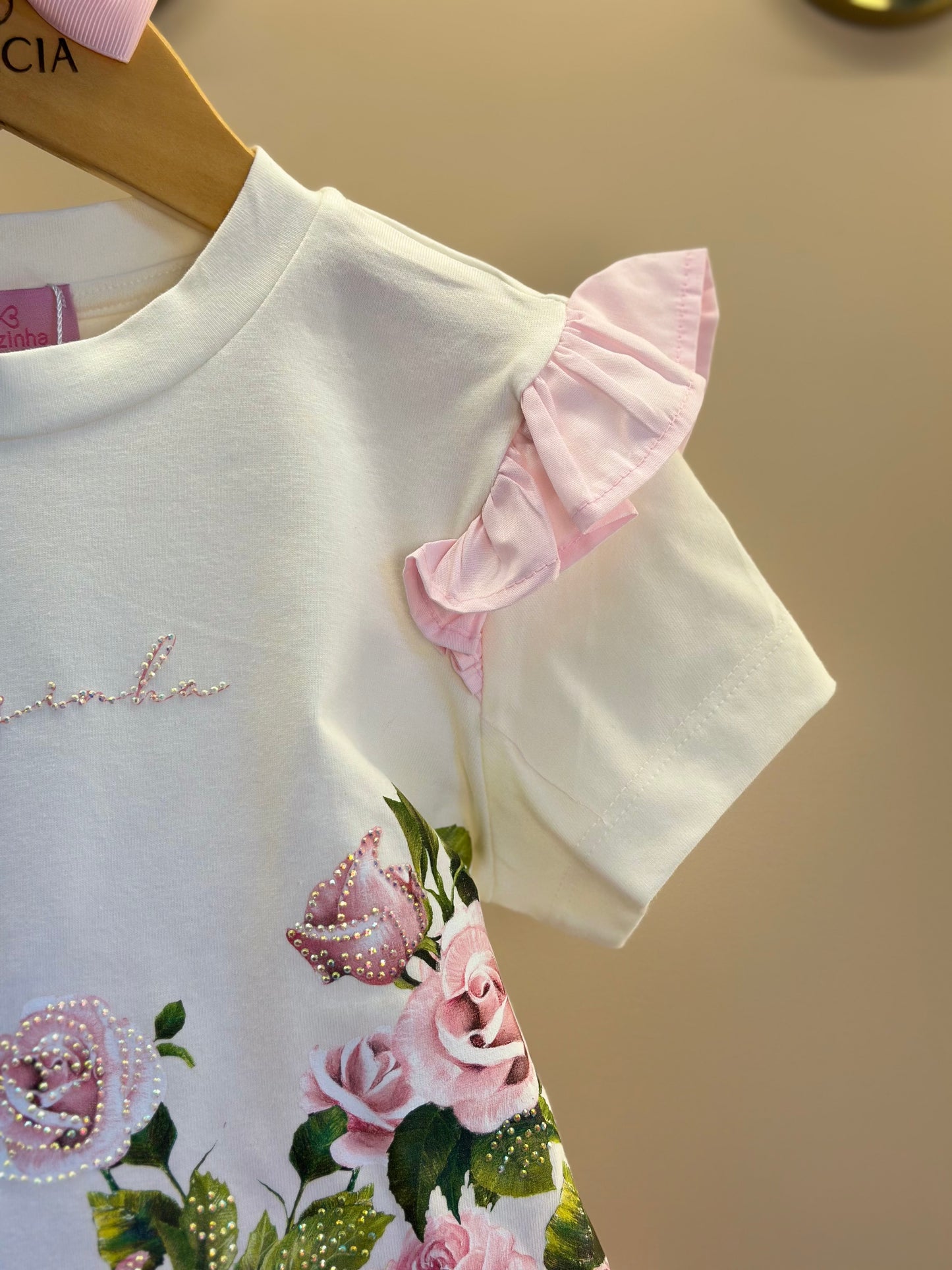 Conjunto Infantil Blusa Algodão Cotton Floral  Strass e Shorts Moletocotton Babadinho Rosa - Luluzinha