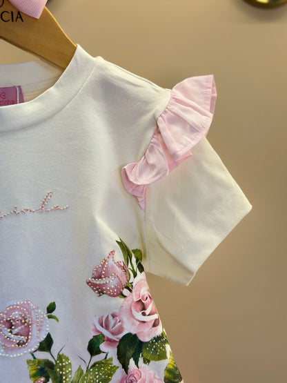 Conjunto Infantil Blusa Algodão Cotton Floral  Strass e Shorts Moletocotton Babadinho Rosa - Luluzinha
