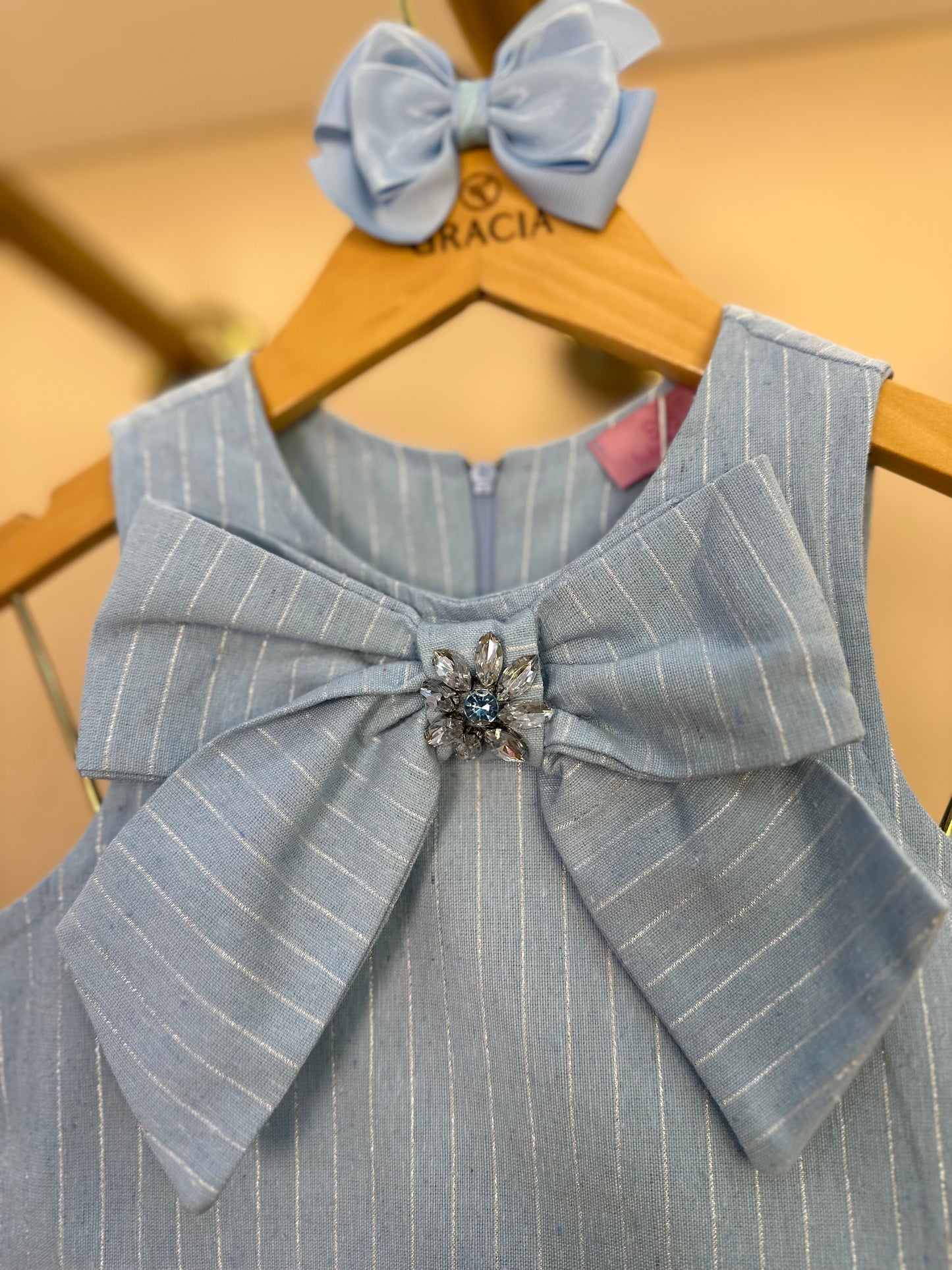 Vestido Infantil Trapézio Laço Bordado Azul - Luluzinha