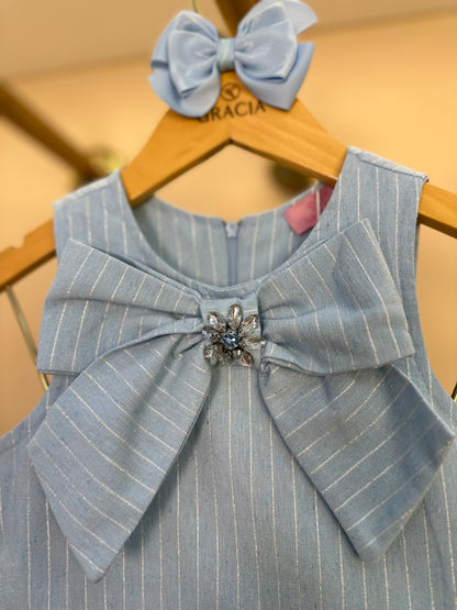 Vestido Infantil Trapézio Laço Bordado Azul - Luluzinha