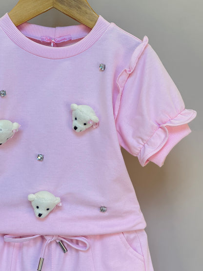Conjunto Infantil Blusa e Short Comfy com Ursinhos Rosa - Gabriela Aquarela