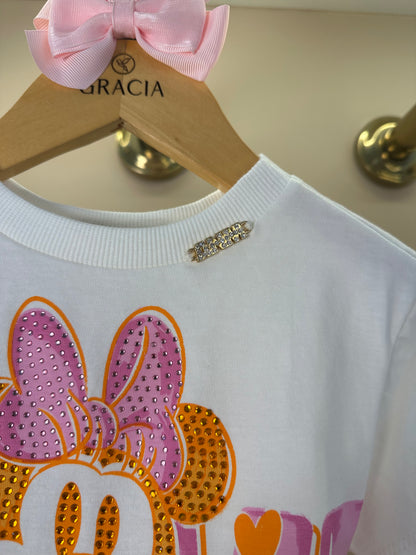 Conjunto Infantil Blusa Minnie Love e Shorts Saia Laranja Com Sobreposição - Animê