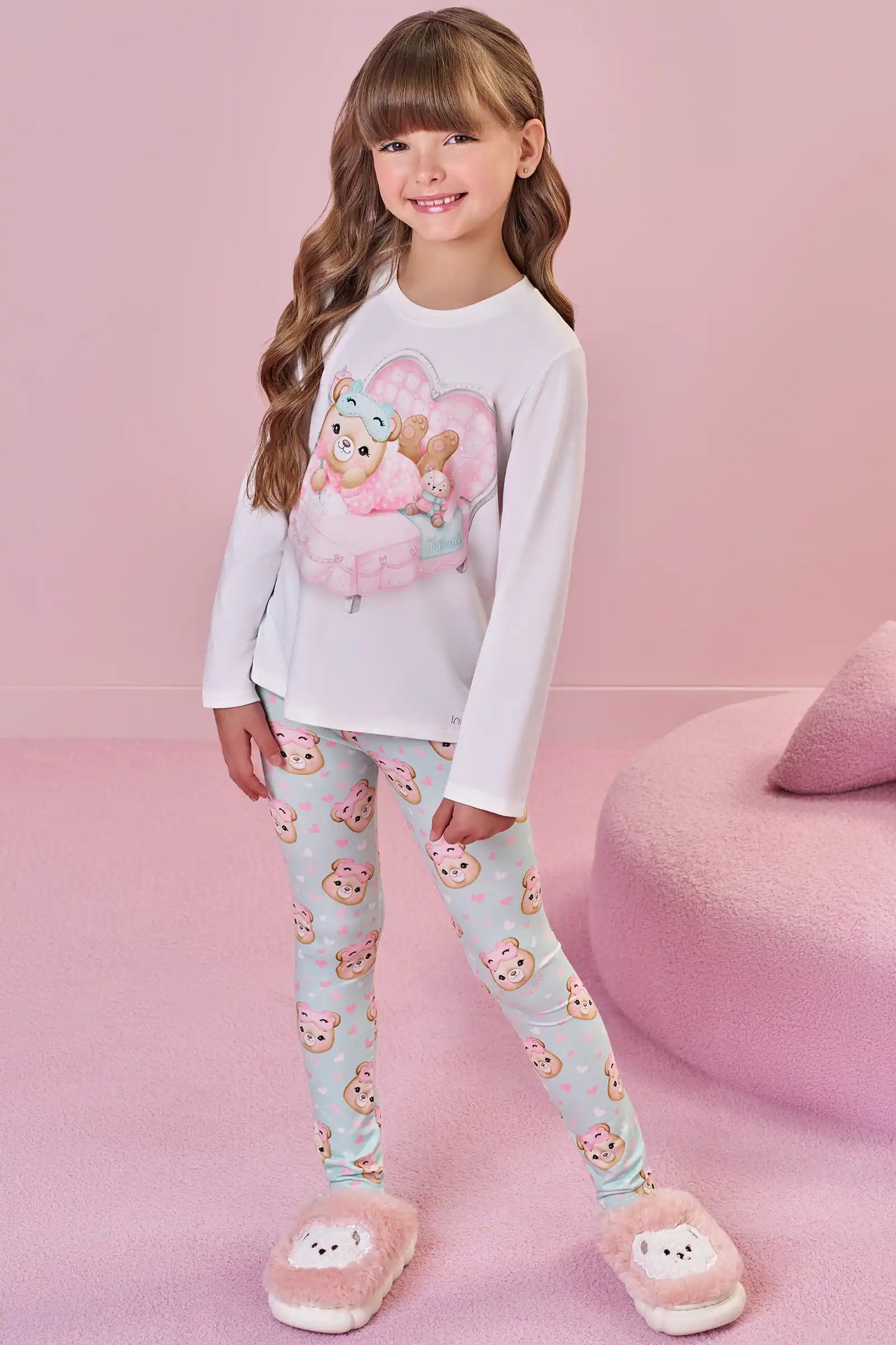 Pijama Infantil Blusa ML Ursinha Off e Legging Estampada Verde - Infanti
