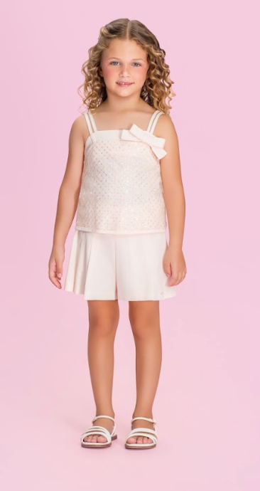 Conjunto Infantil Blusa Com Bordado e Laço Em Tule e Shorts Saia - Petit Cherie