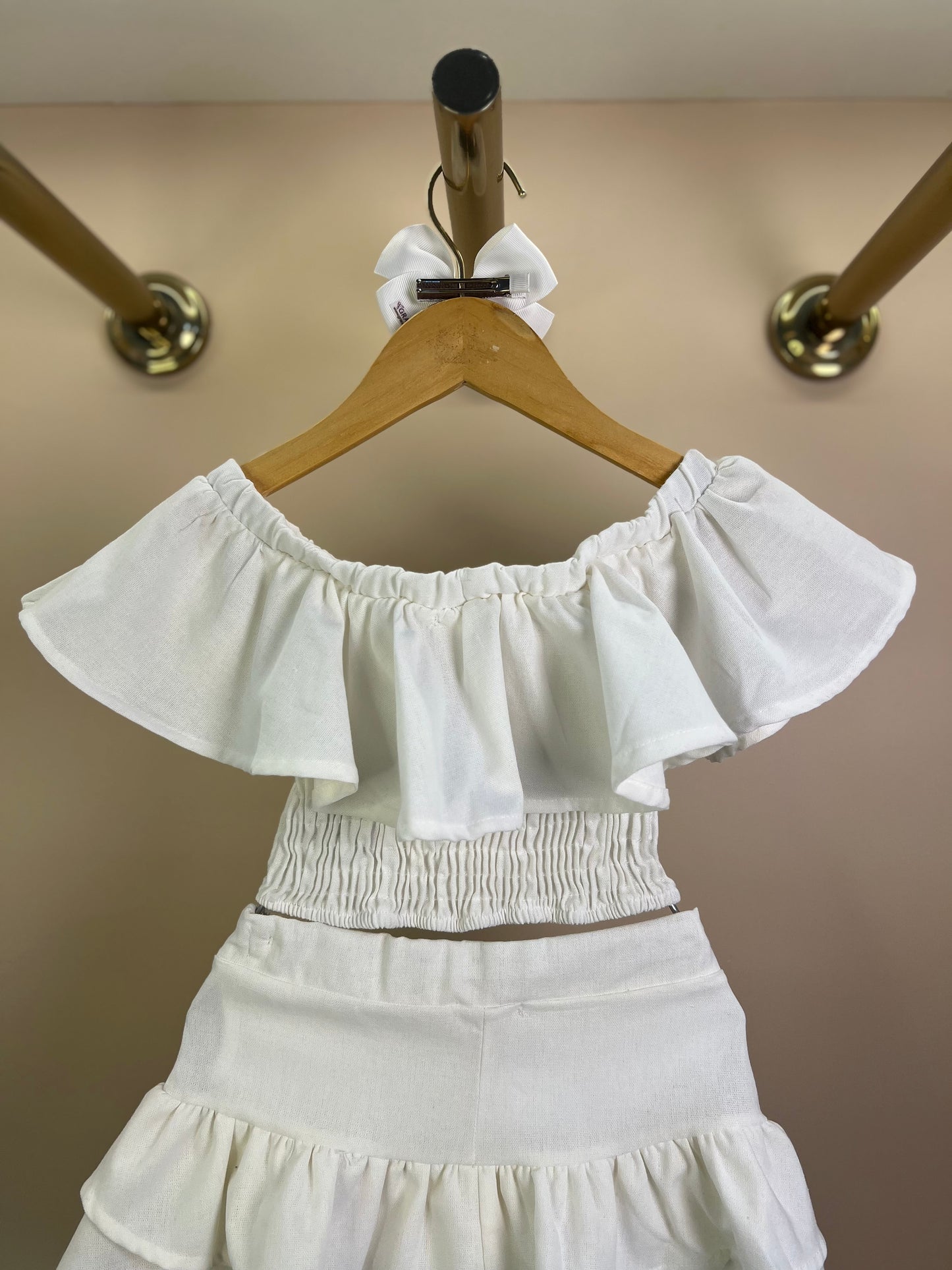 Conjunto Infantil Linho Blusa e Saia Cinto Pérolas e Coração - Luluzinha
