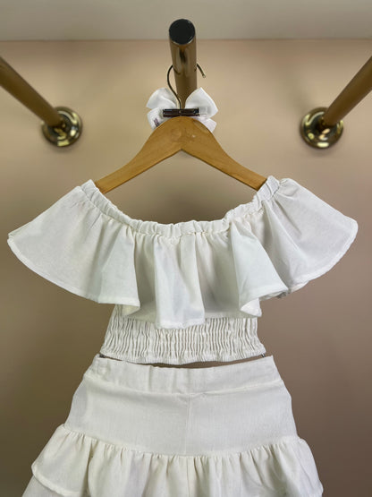 Conjunto Infantil Linho Blusa e Saia Cinto Pérolas e Coração - Luluzinha
