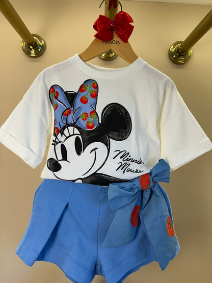 Conjunto Infantil Blusa Minnie Estampa Tomates e Saia Shorts Laço Bordado de Tomate - Animê
