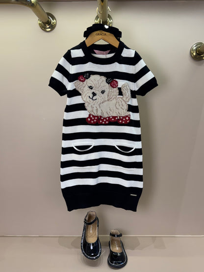 Vestido Infantil Tricot Listrado Cachorrinho Cristais - Pituchinhus