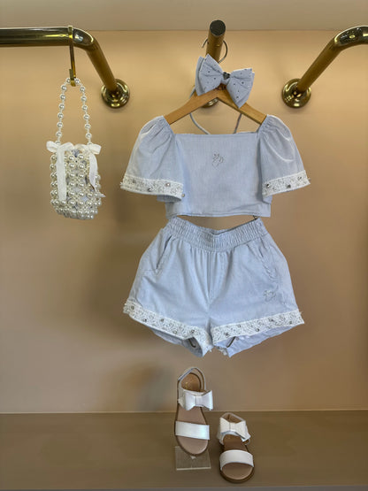 Conjunto Infantil Blusa e Shorts Algodão Listrado Renda Bordada - Pituchinhus