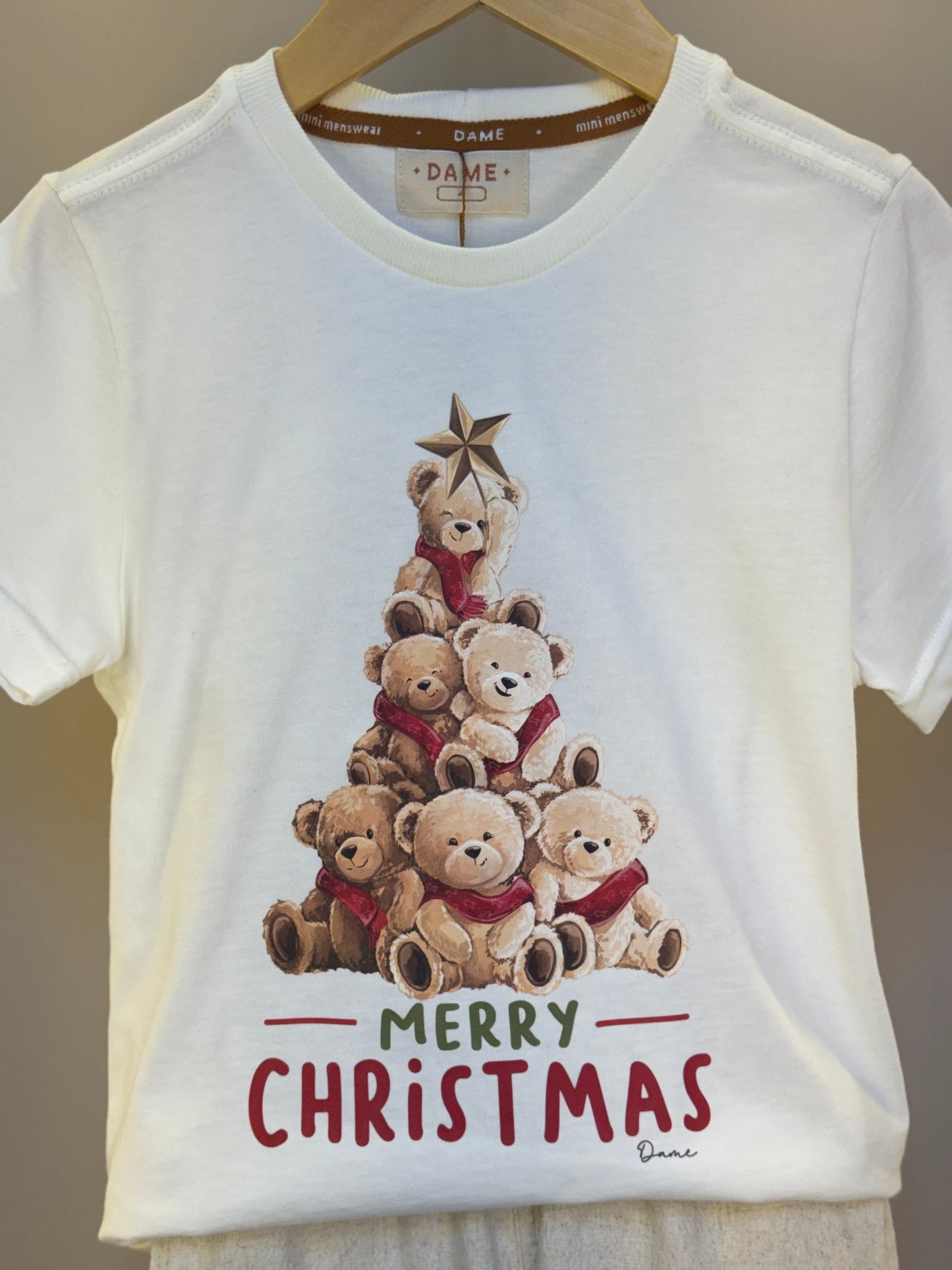 Conjunto Infantil Camiseta Algodão Teddy Natal MC e Bermuda Linho Elastano Bege - Dame