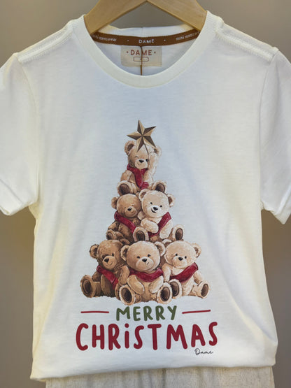 Conjunto Infantil Camiseta Algodão Teddy Natal MC e Bermuda Linho Elastano Bege - Dame