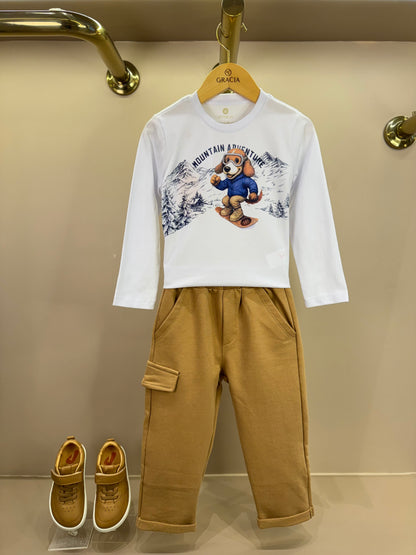 Conjunto Bebê Camiseta ML Ursinho Ski e Calça Moletom Cargo Bege - Um Mais Um