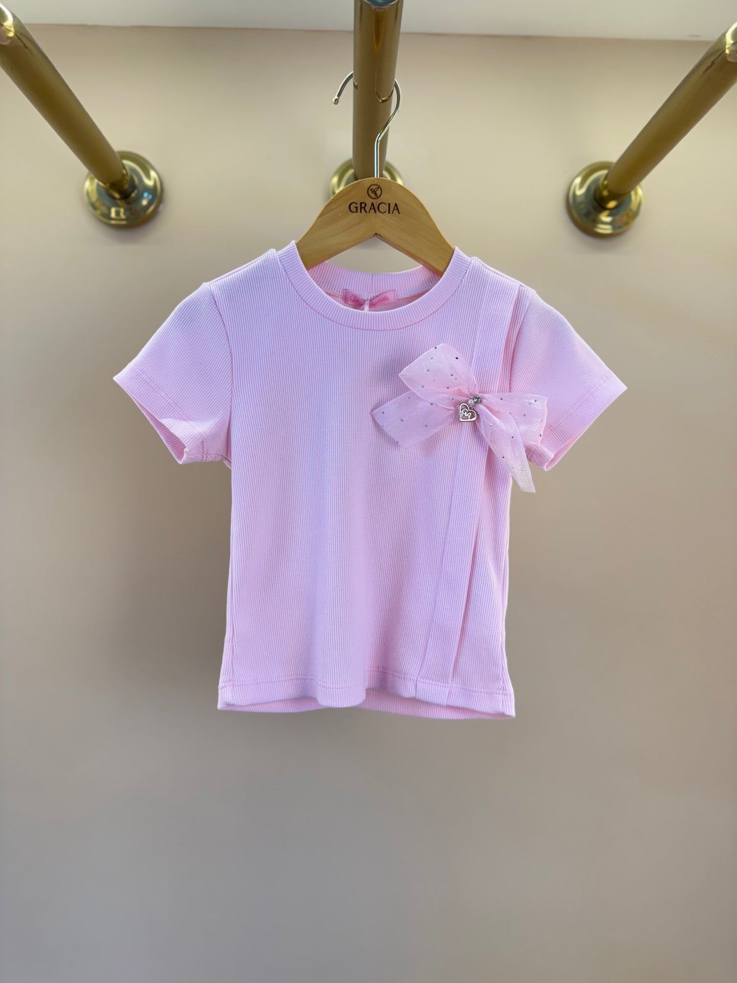 Camiseta Infantil Lacinho Tule Off White e Rosa - Gabriela Aquarela