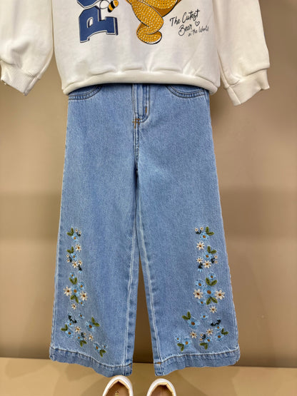 Conjunto Infantil Feminino Casaco Moletom Ursinho Pooh Pérola com Calça Jeans Bordada Flores - Momi