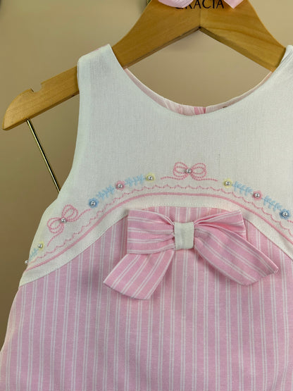 Conjunto Infantil Blusa Laço Pérolas e Shorts Saia Rosa Listrado - Petit Cherie