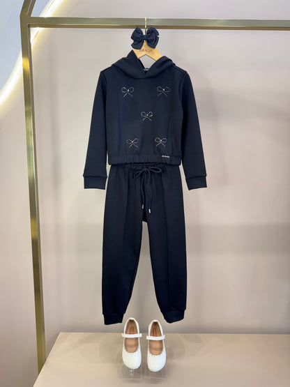 Conjunto Infantil Blusão Boxy Lacinhos Strass e Calça Jogger Tecnonew Preto - Infanti