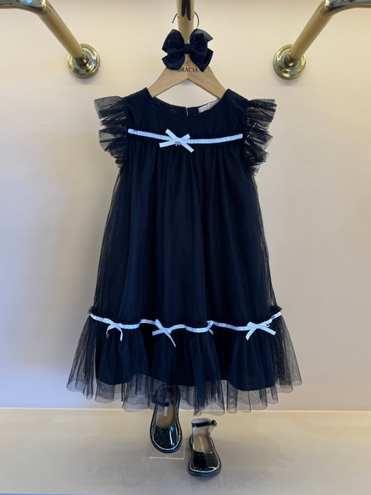 Vestido Infantil Trapézio Bonequinha Luxo Preto Laços Brancos - Petit Cherie