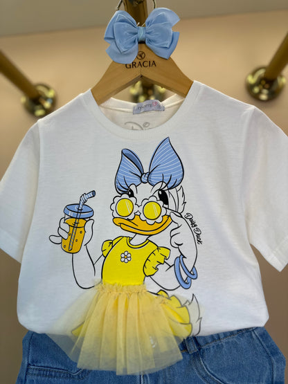 Conjunto Infantil Blusa Daisy Vestido Babadinho e Shorts Jeans Apliques Florzinhas - Momi