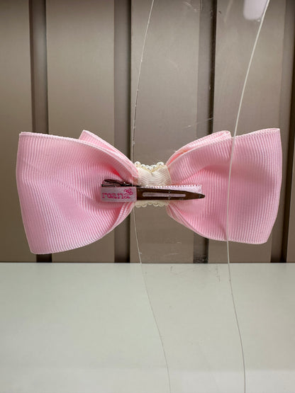 Presilha Infantil Laço Rosa Bordado Flores e Miolo Pérolas- Roana