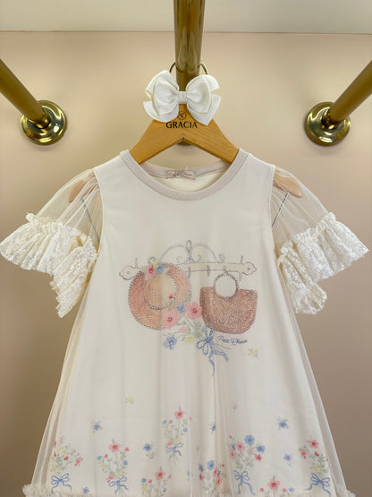 Vestido Infantil Manga Tule Floral e Strass - Petit Cherie