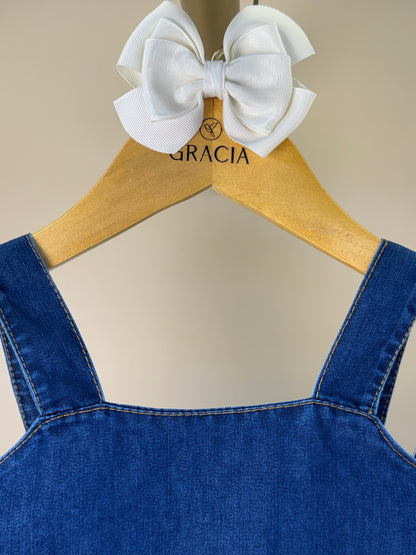 Conjunto Infantil Blusa Jeans Com Babado e Shorts Alfaiataria Listrado - Luluzinha
