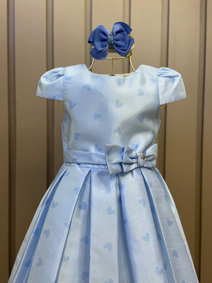 Vestido Infantil Festa Azul Corações Laço Cintura - Mon Sucré
