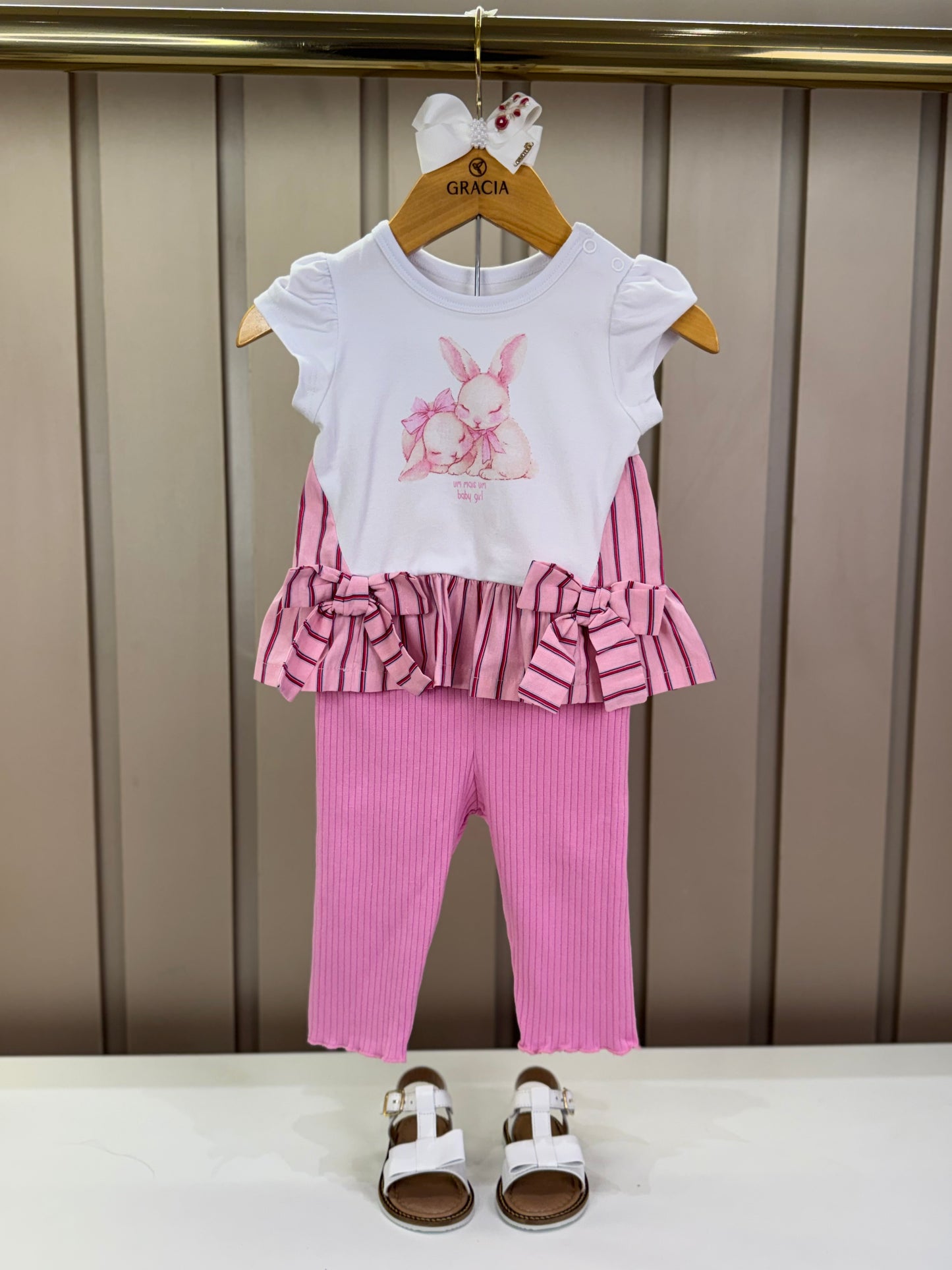 Conjunto Bebê Bata De Cotton Detalhe Tricoline E Calça Legging Rosa - Um Mais Um