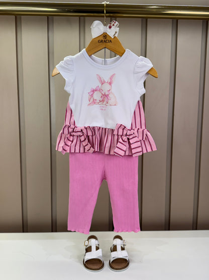 Conjunto Bebê Bata De Cotton Detalhe Tricoline E Calça Legging Rosa - Um Mais Um