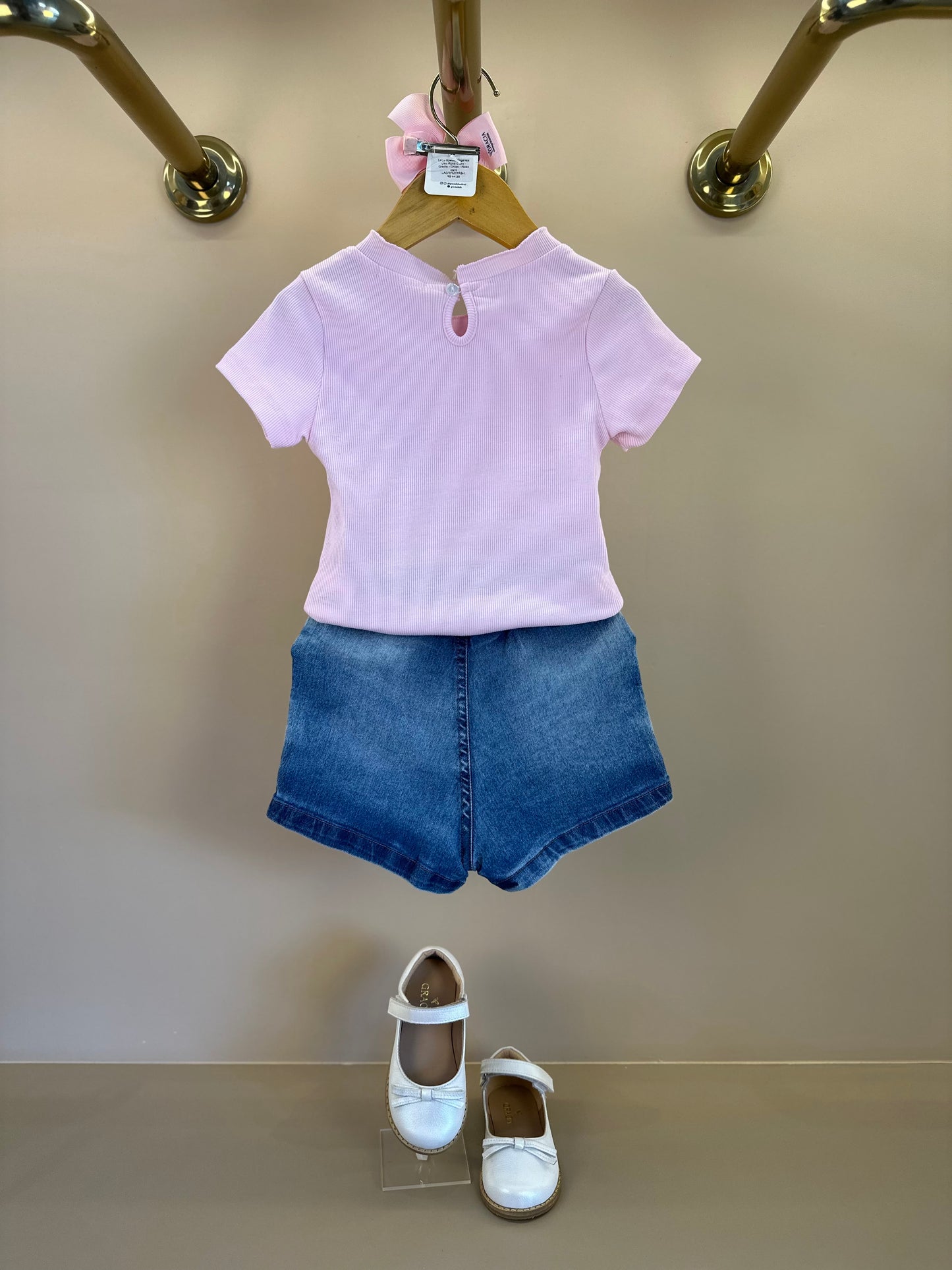 Conjunto Infantil Blusa Rosa e Shorts Jeans Ursinhos  Pompom  - Gabriela Aquarela