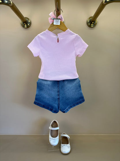 Conjunto Infantil Blusa Rosa e Shorts Jeans Ursinhos  Pompom  - Gabriela Aquarela