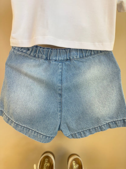 Conjunto Infantil Blusa Algodão Conchas e Shorts-saia Jeans Bordados e Crochê Estrelas do Mar - Luluzinha