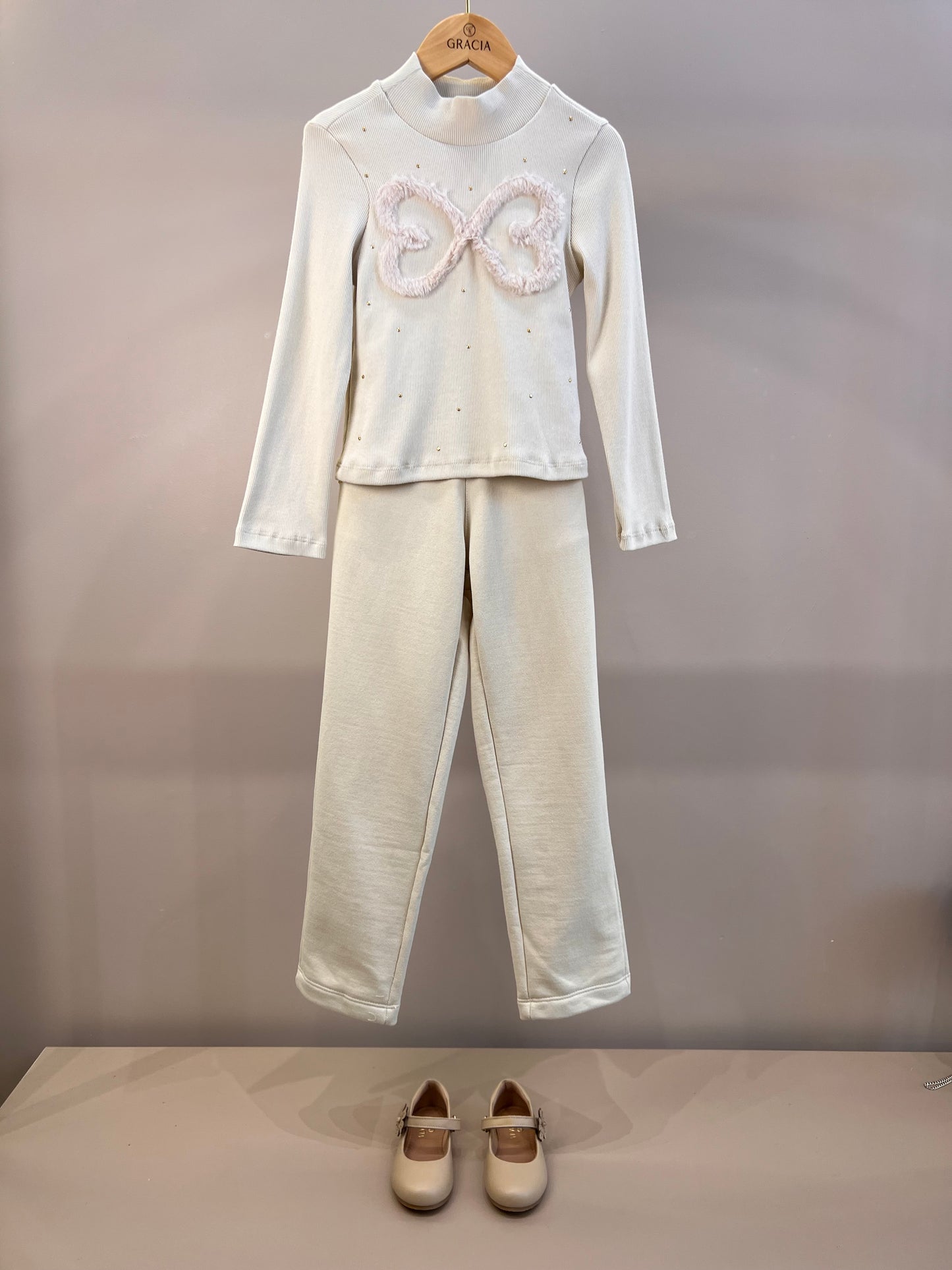 Conjunto Infantil Blusa ML Infinito e Calça Jogger Malha Canelada Bege - Luluzinha