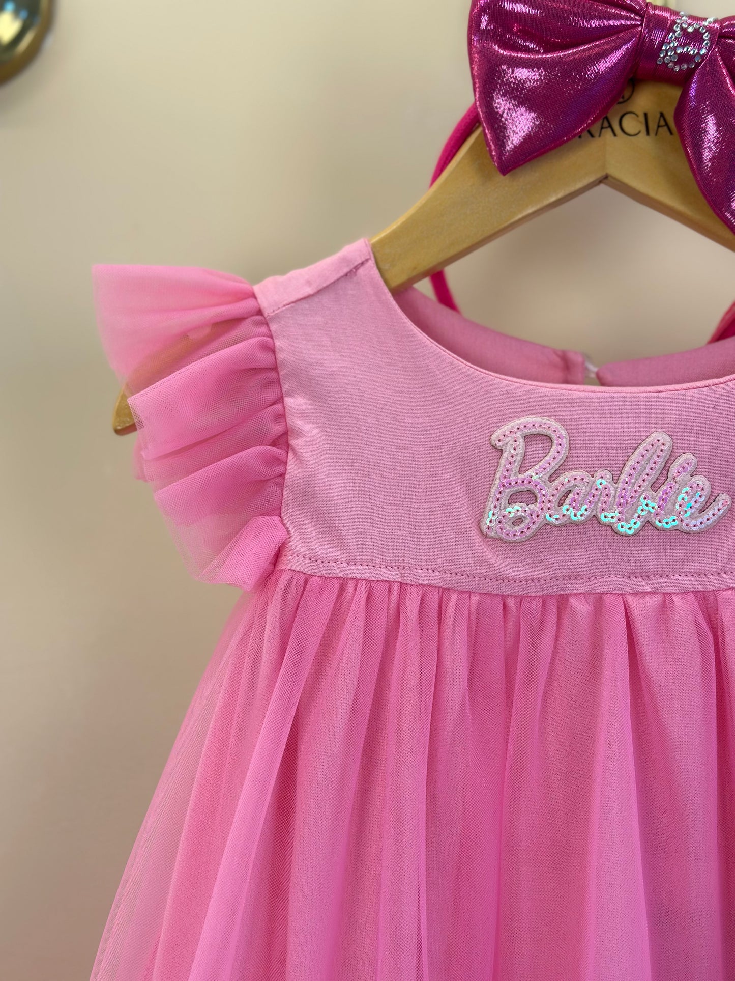 Vestido Infantil Tule Patche Barbie Rosa Ópera - Pituchinhus