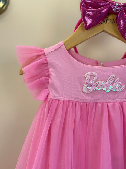 Vestido Infantil Tule Patche Barbie Rosa Ópera - Pituchinhus