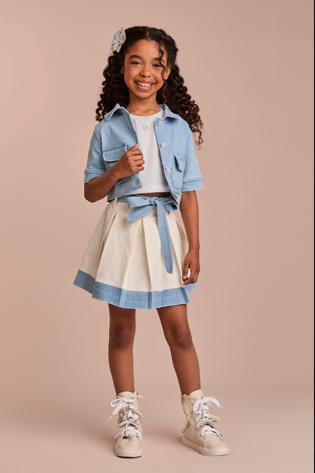 Conjunto Infantil Casaco Jeans e Saia de Pregas Branco - Gabriela Aquarela