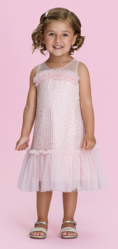Vestido Infantil Texturizado Em Tule Rosa - Petit Cherie
