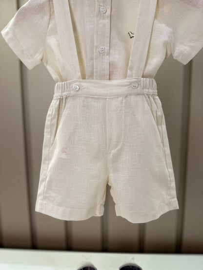 Conjunto Bebê Body, Bermuda e Suspensório Cambraia Linho de Algodão Off White - Um Mais Um