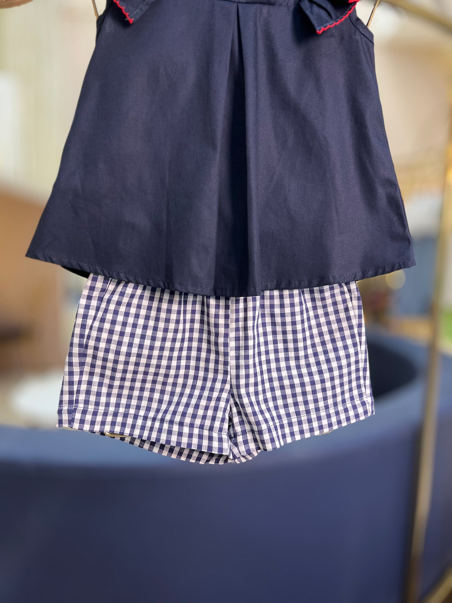 Conjunto Infantil Blusa com Strass e Shorts Tricoline Xadrez  - Um Mais Um