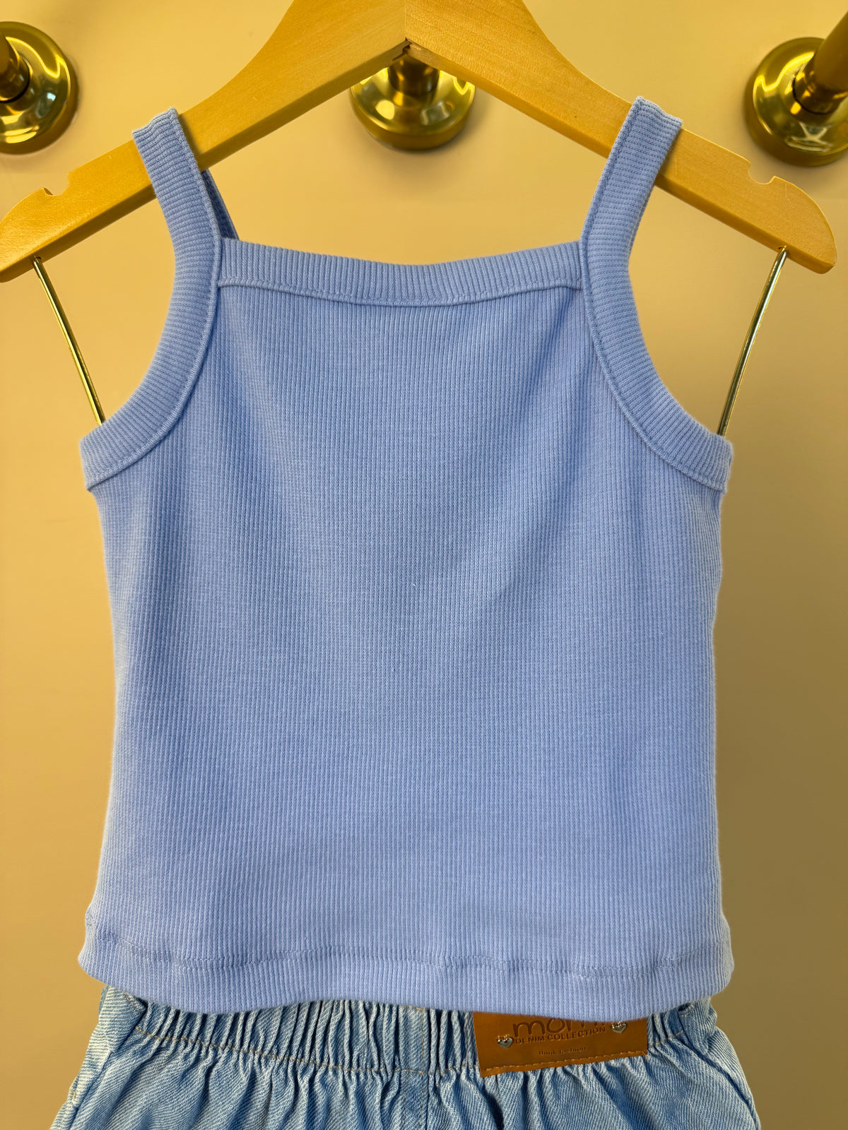 Conjunto Infantil Regata Lilás Estampa Limões e Shorts Saia Jeans Com Pregas - Momi