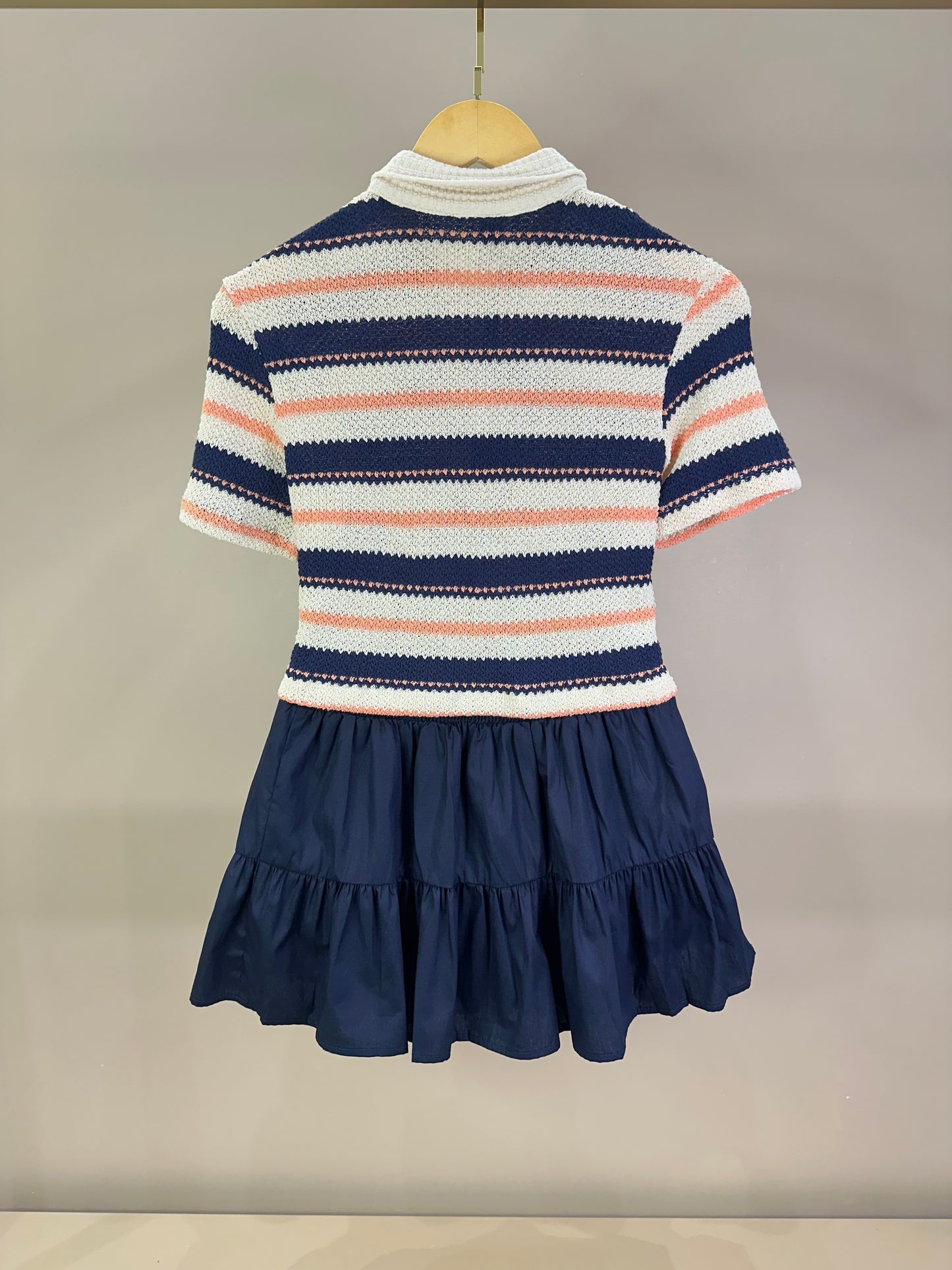 Conjunto Teen Blusa Polo Malha Tricot listrada e Saia-shorts Tricoline Marinho - Two In