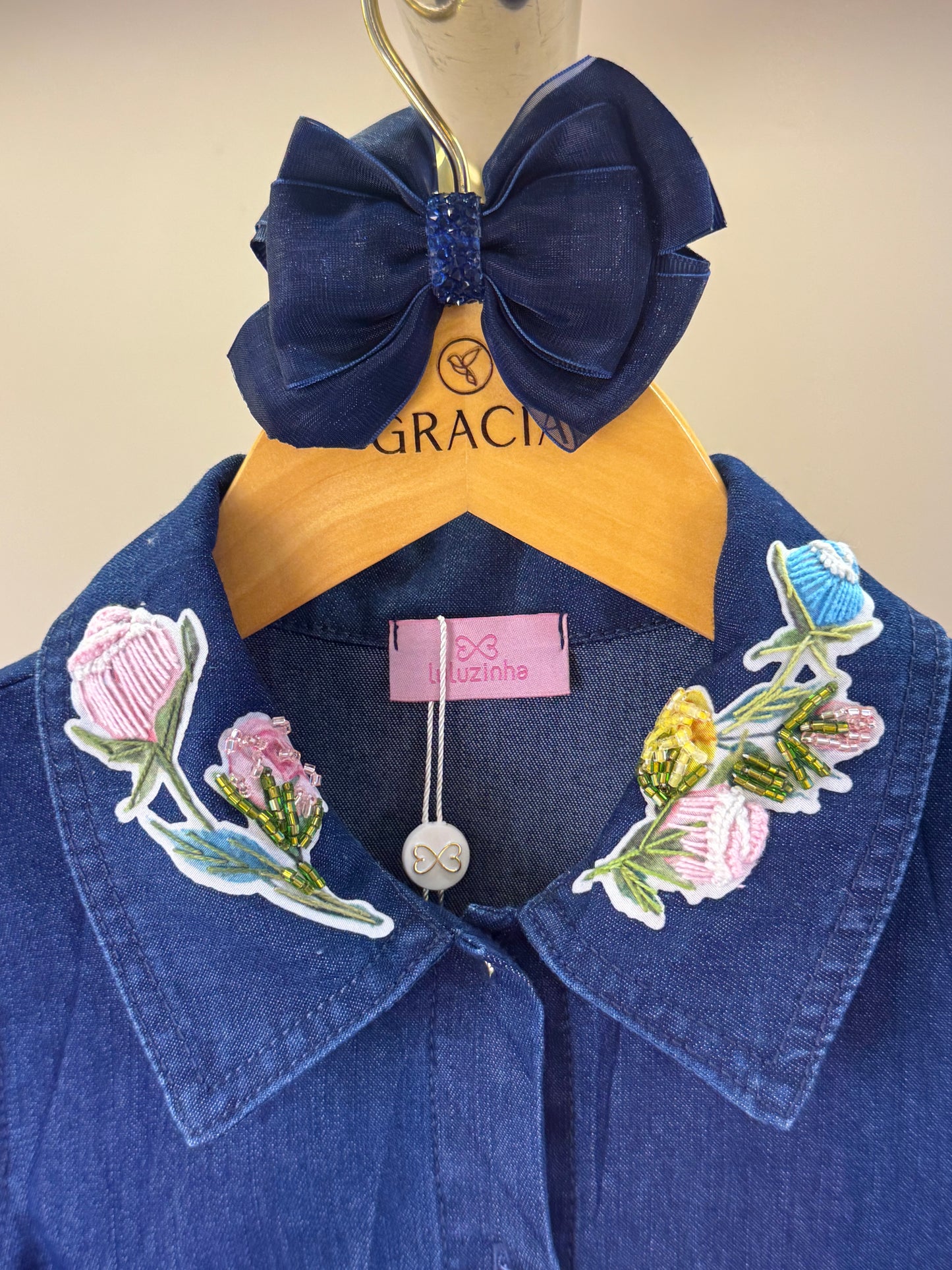 Camisa Infantil Jeans Leve ML Gola Bordada Flores - Luluzinha