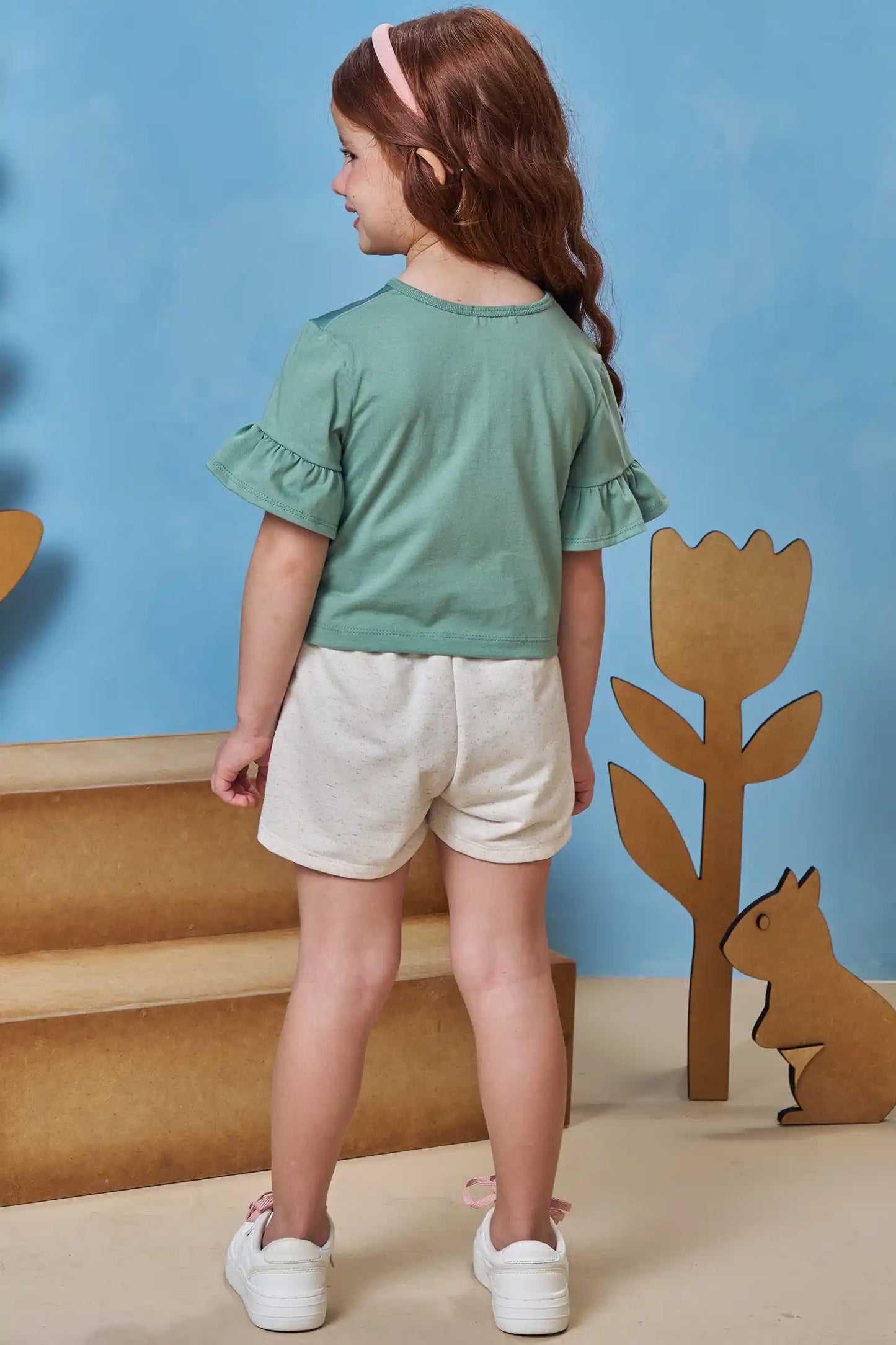Conjunto Infantil Blusa Boxy Esquila de Lacinho e Shorts Verde Ultramarine - Infanti