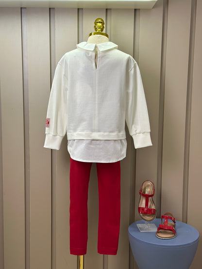 Conjunto Infantil Casaco Minnie Golinha Pérola e Legging Vermelha - Animê