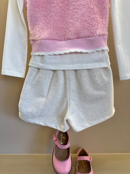 Conjunto Trio Blusa ML Off White, Colete Rosa e Saia Bege - Infanti