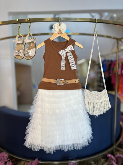 Conjunto Infantil Conceito Blusa Laço Renda e Saia Midi Tule Babados - Pituchinhus