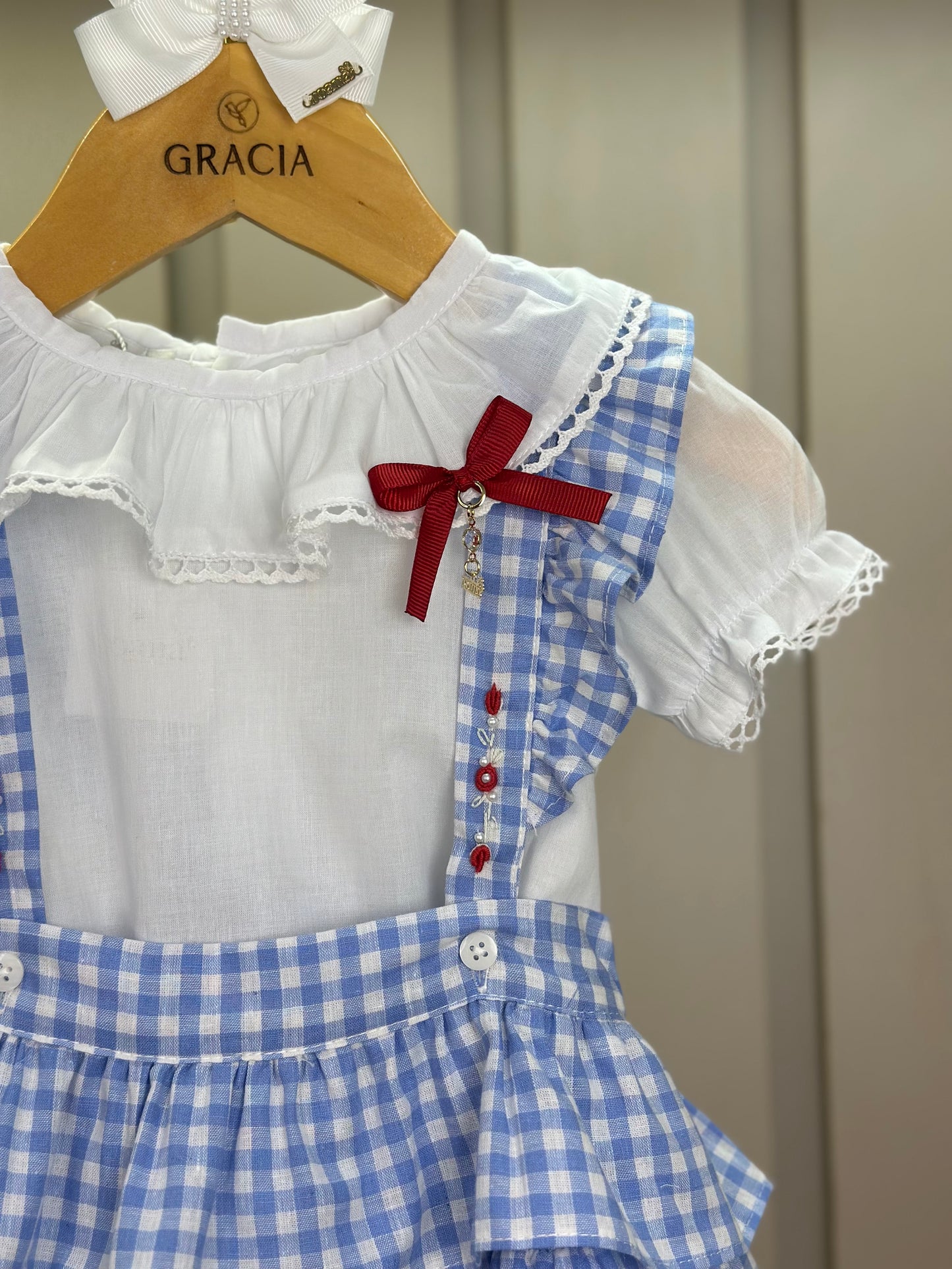 Jardineira Bebê Clássica Xadrez Azul Body Branco Golinha - Roana